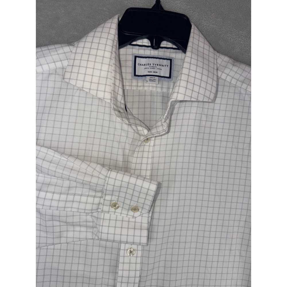 Charles Tyrwhitt‎ 16.5X33 Slim Fit Non-Iron Dress Shirt White Grey Windowpane